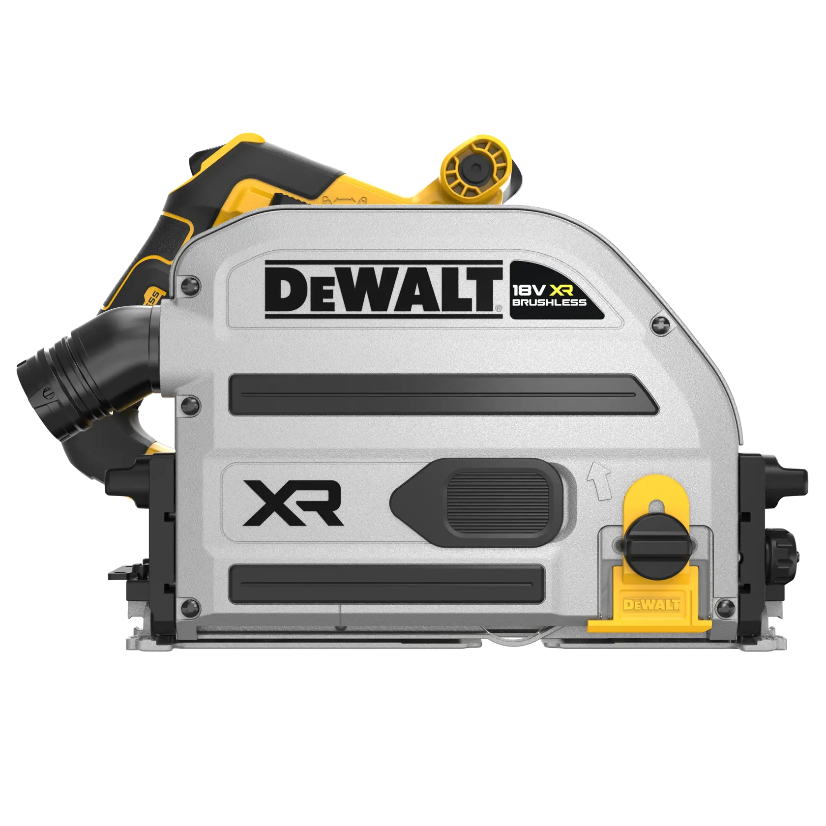 Sierra de carril DEWALT 18V XR Brushless con carcasa plateada y detalles amarillo-negro, vista lateral.