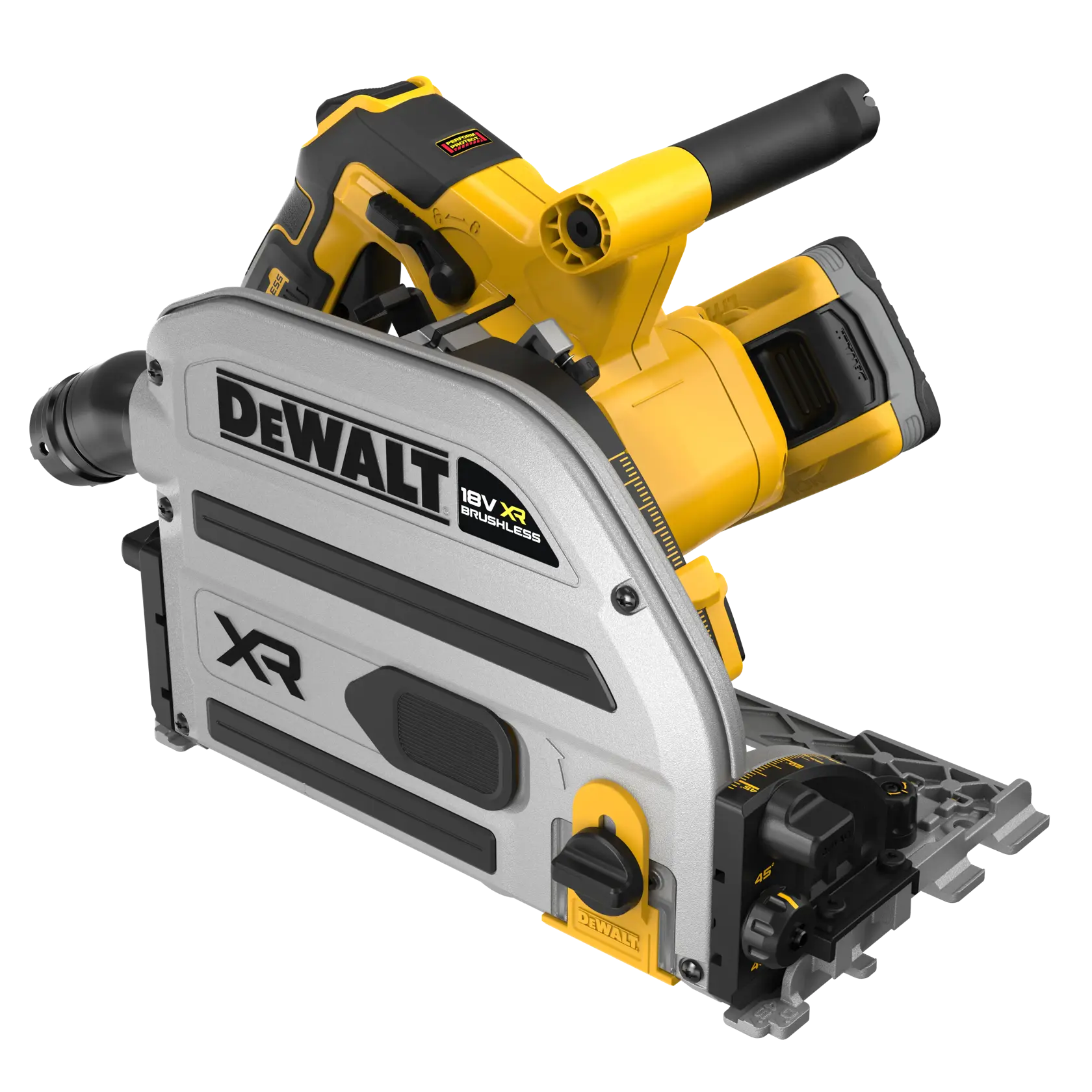 Sierra de inmersión DEWALT 18V XR inalámbrica, diseño plata y amarillo, mango ergonómico, base robusta.