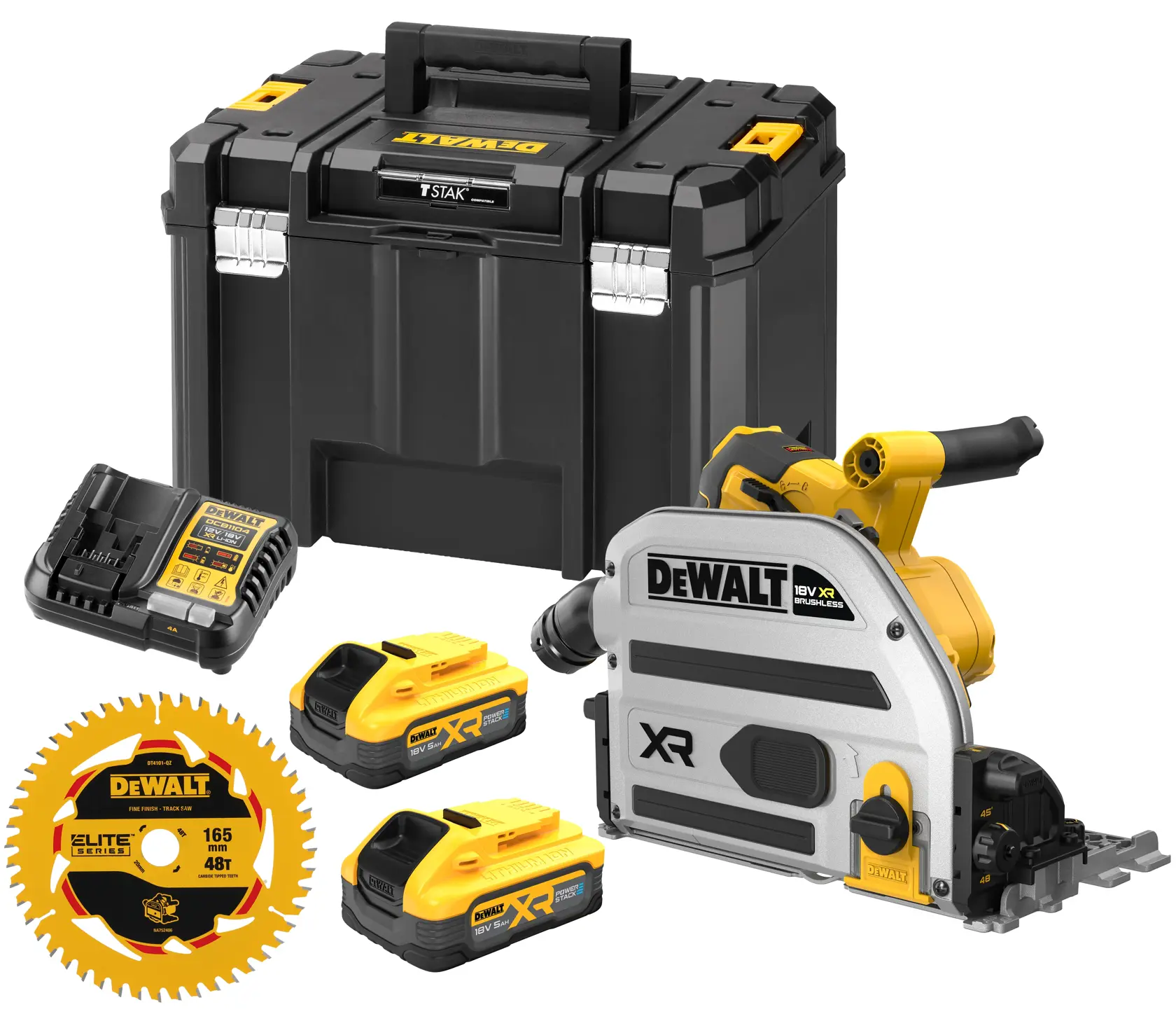 Kit DEWALT DCS525H2T con sierra, baterías, cargador, disco y caja de almacenamiento.