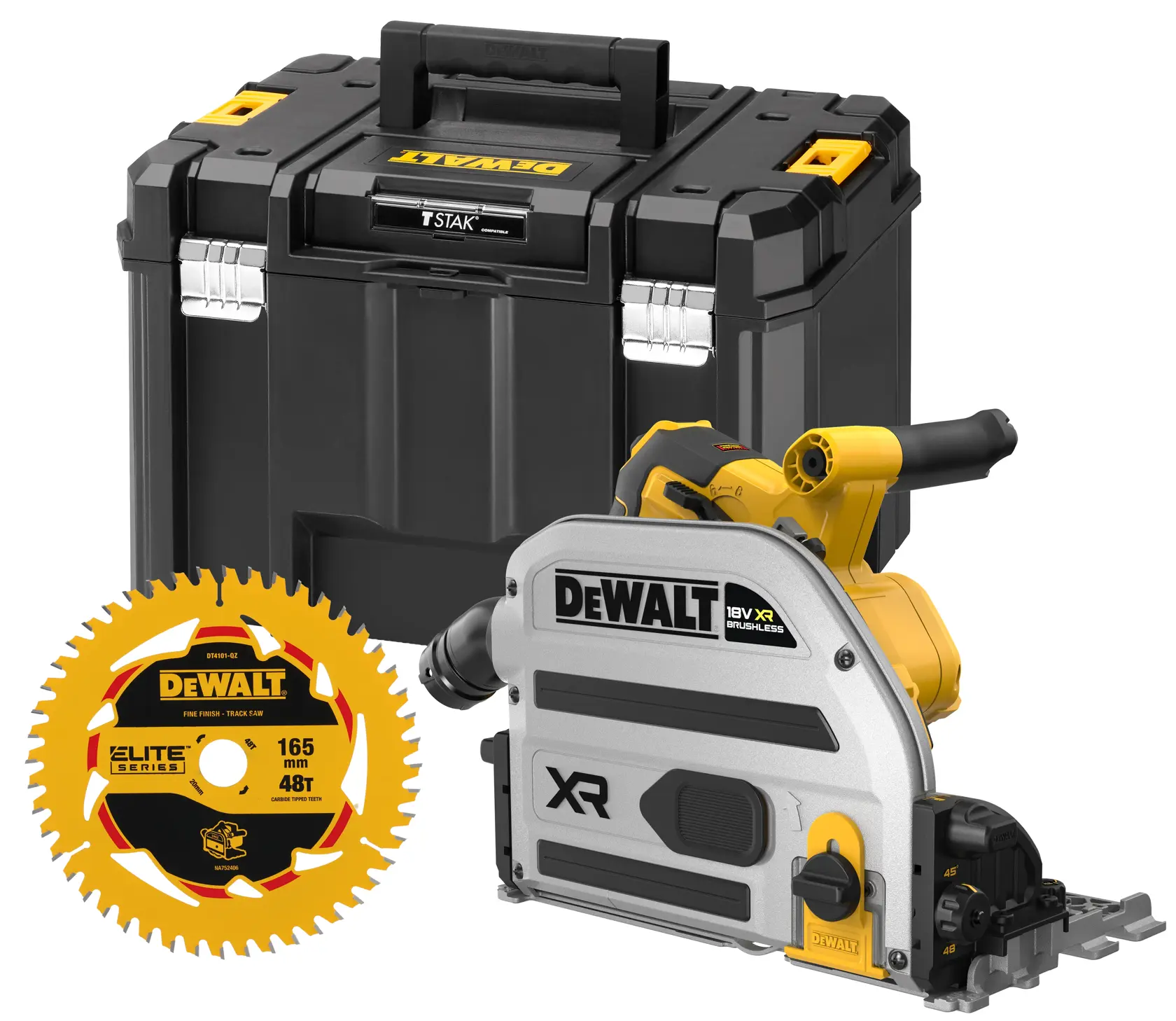 Kit DEWALT con sierra de carril, disco circular y caja de transporte, adecuado para cortes precisos.