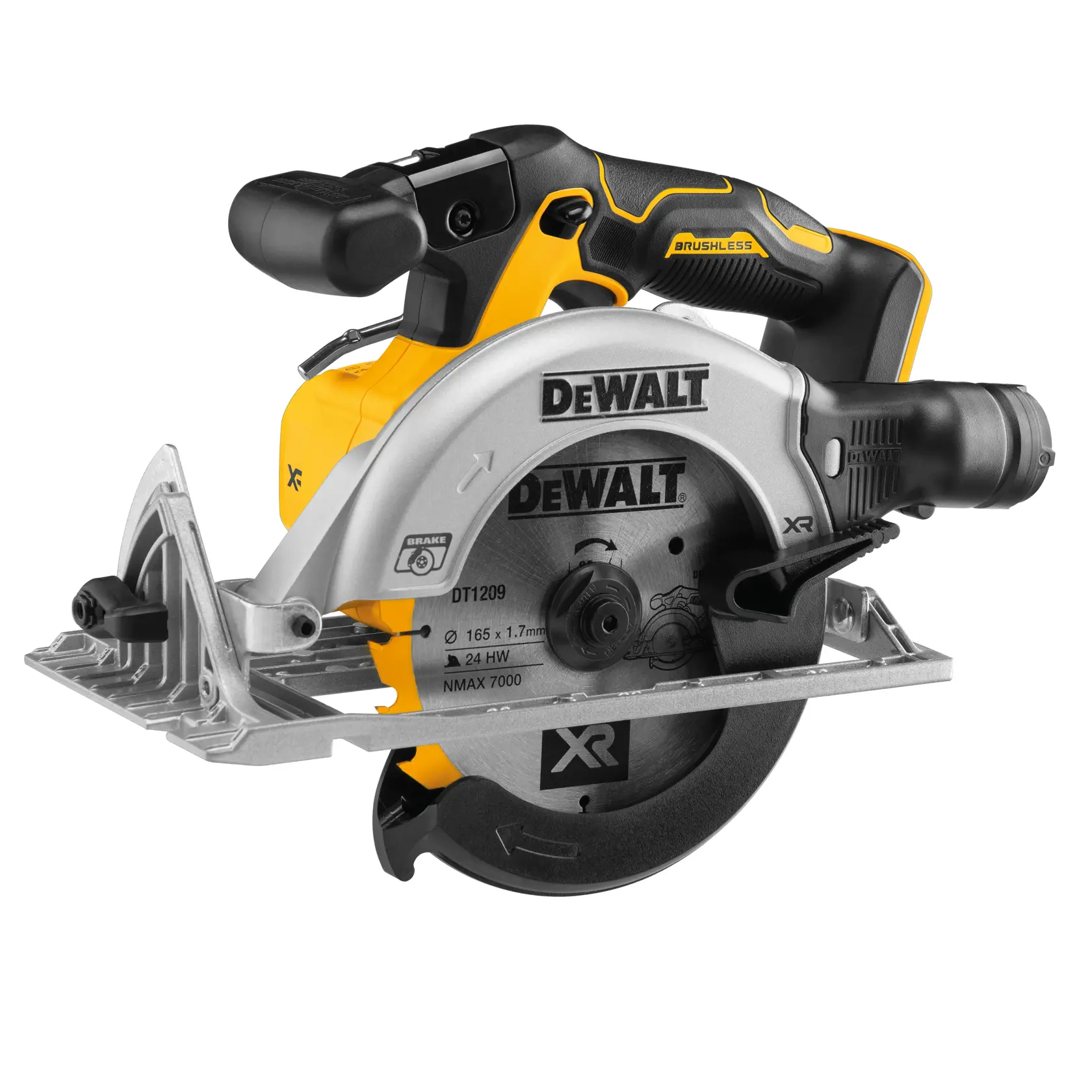 Sierra inalámbrica DEWALT, foto, SKUs DCS565NT-XJ, DCS565NT. Herramienta amarilla y negra mostrada.