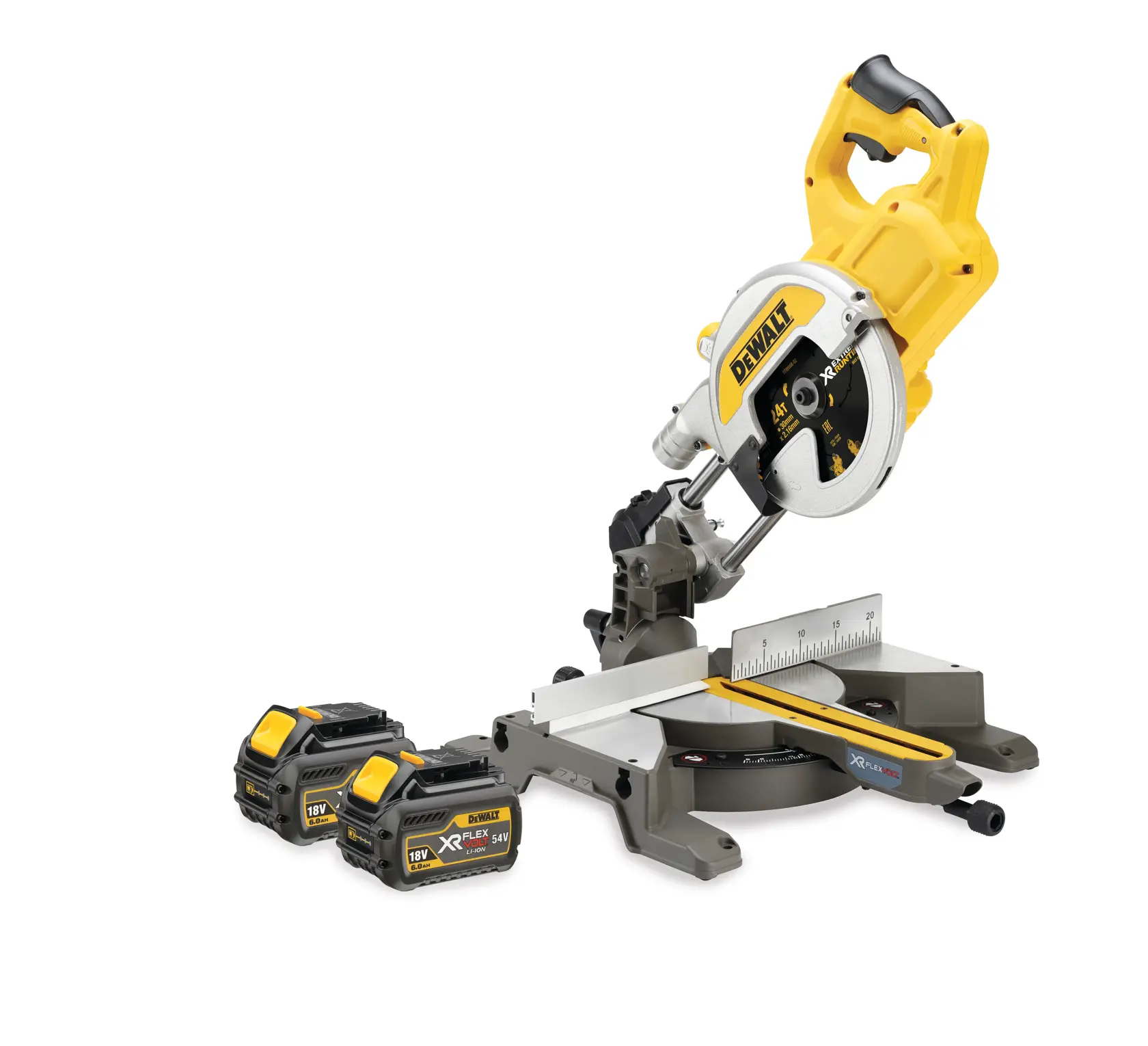 Sierra de inglete inalámbrica DEWALT de diseño amarillo y plateado, mostrada con dos baterías de iones de litio XR FLEXVOLT de 18V junto a ella.