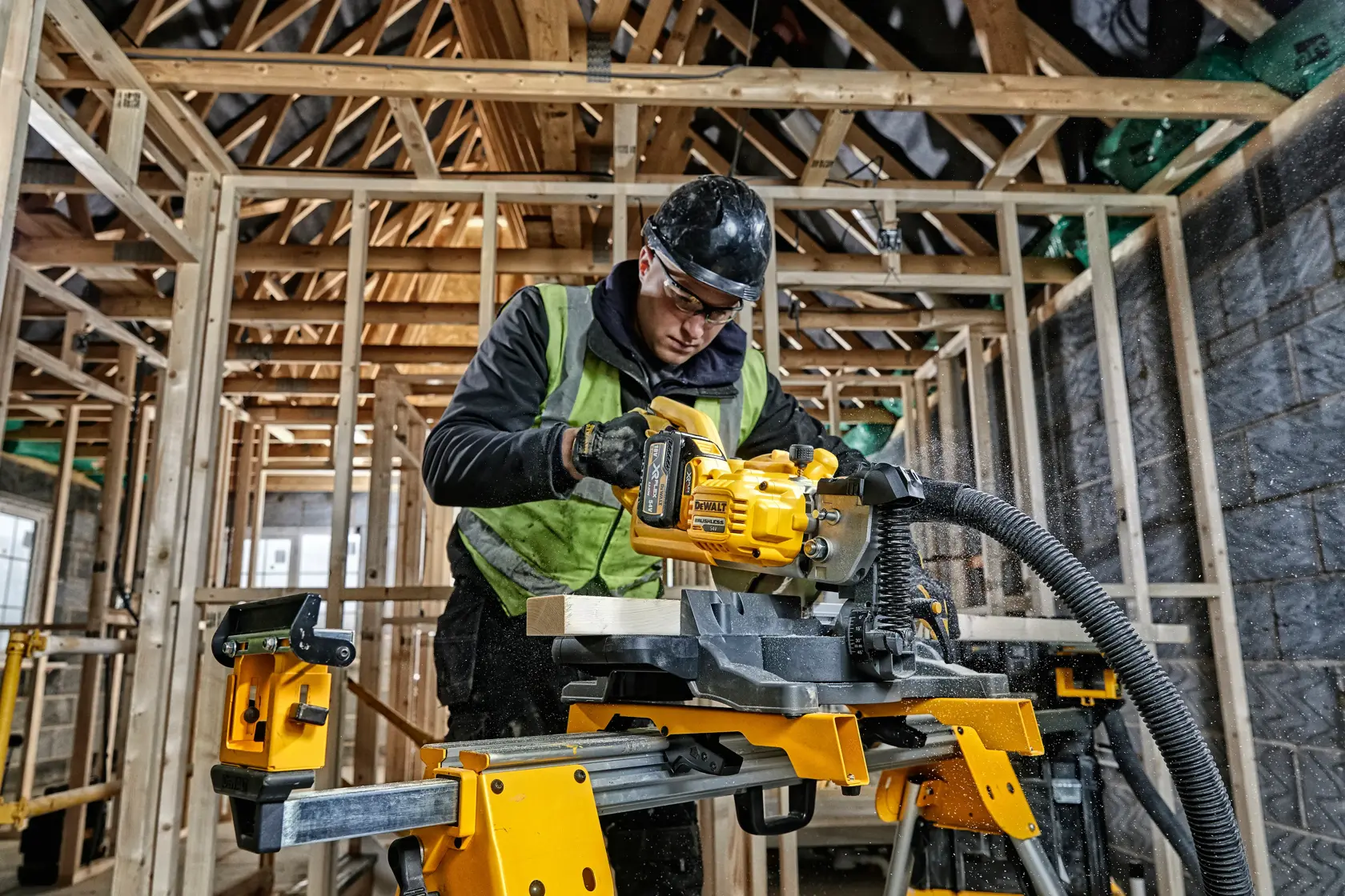 Persona utiliza una sierra inalámbrica DEWALT para cortar madera dentro de edificio en construcción.