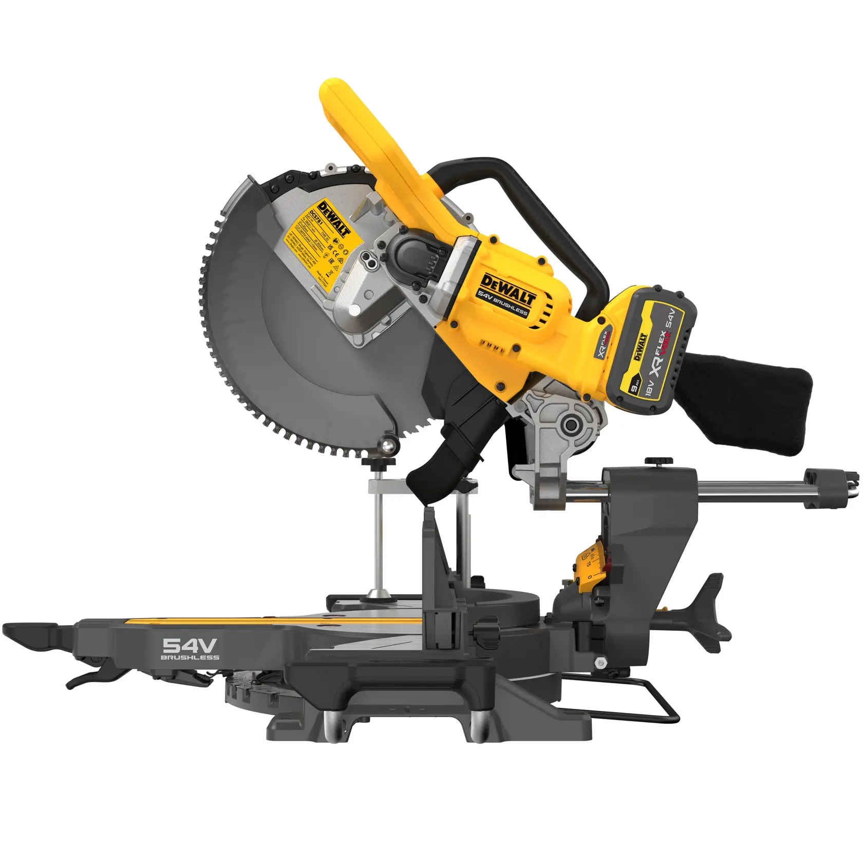 Sierra DEWALT, fotografía, SKUs DCS781X2-QW y DCS781X2, diseño amarillo-negro, vista lateral.