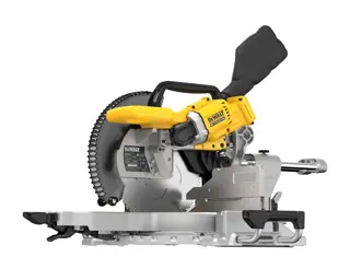 Una sierra de inglete DEWALT modelo DCS782N con un diseño amarillo y negro, colocada sobre un fondo blanco. La sierra tiene una gran hoja circular y un mango ergonómico.