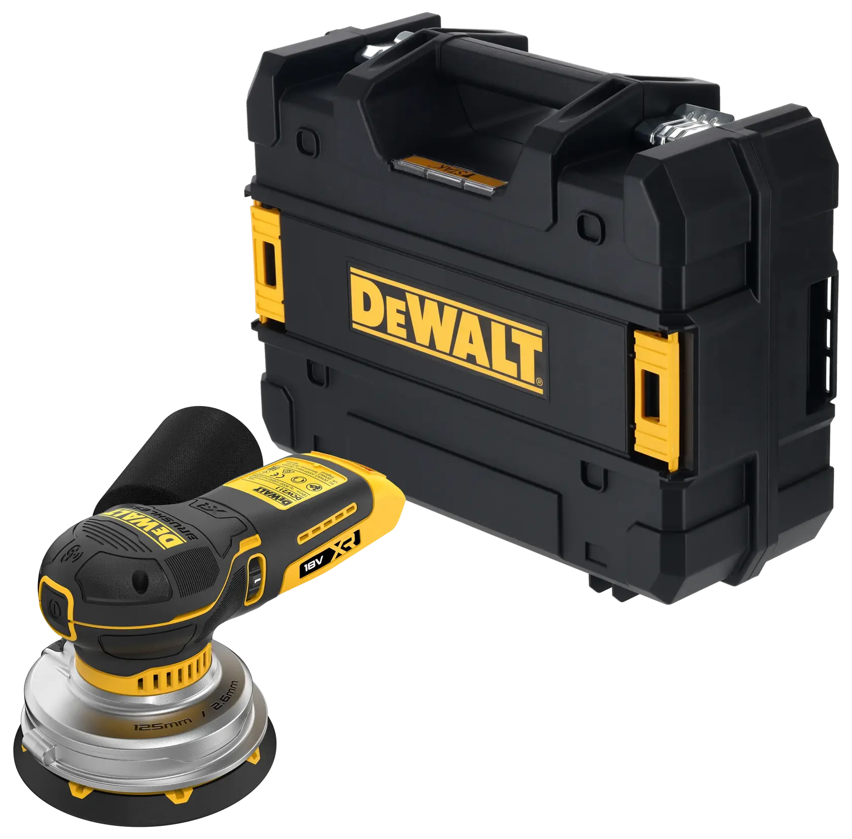 Lijadora orbital inalámbrica DEWALT 18V XR con maletín negro incluido.