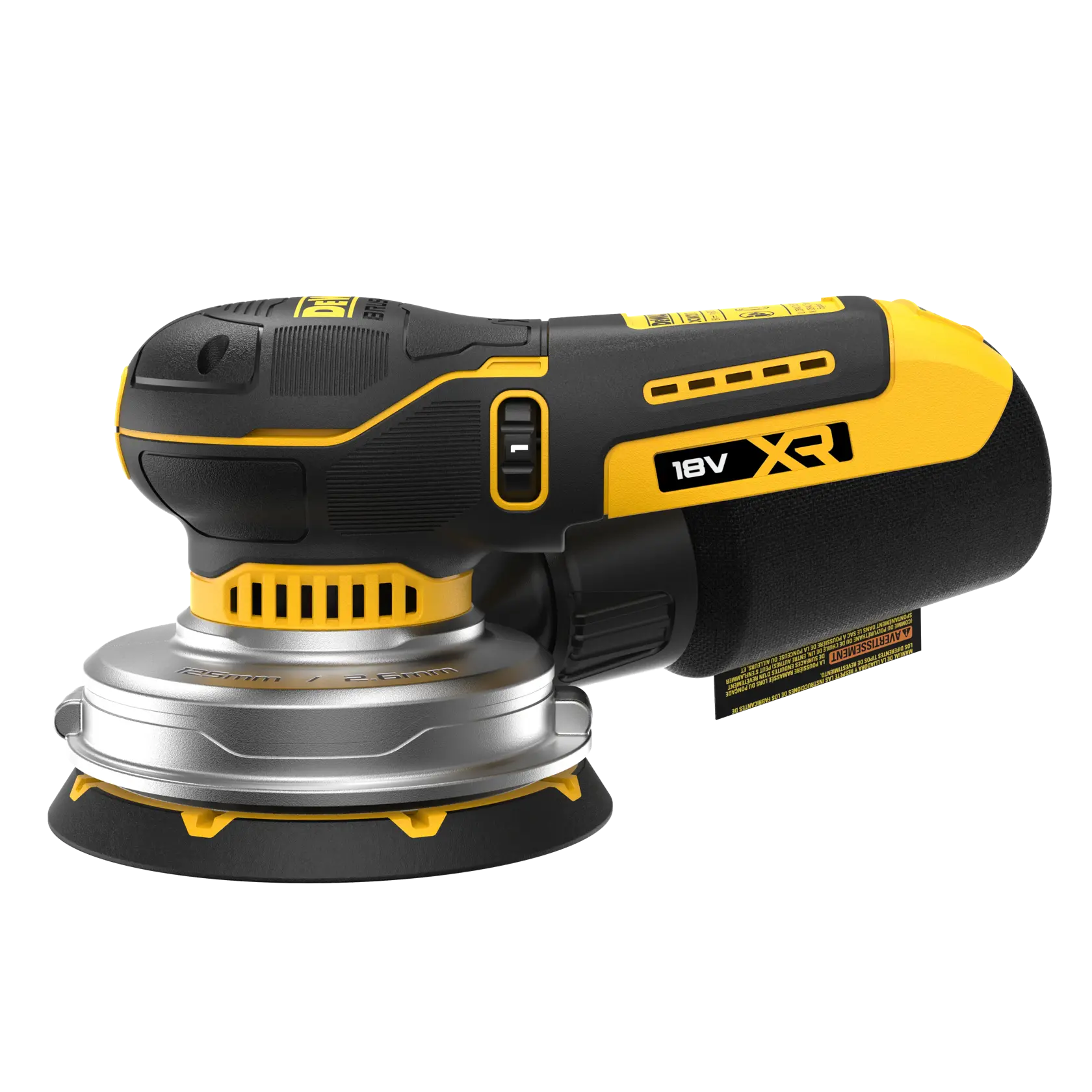 Lijadora inalámbrica DEWALT 18V XR negra y amarilla, vista de lado sobre fondo blanco.