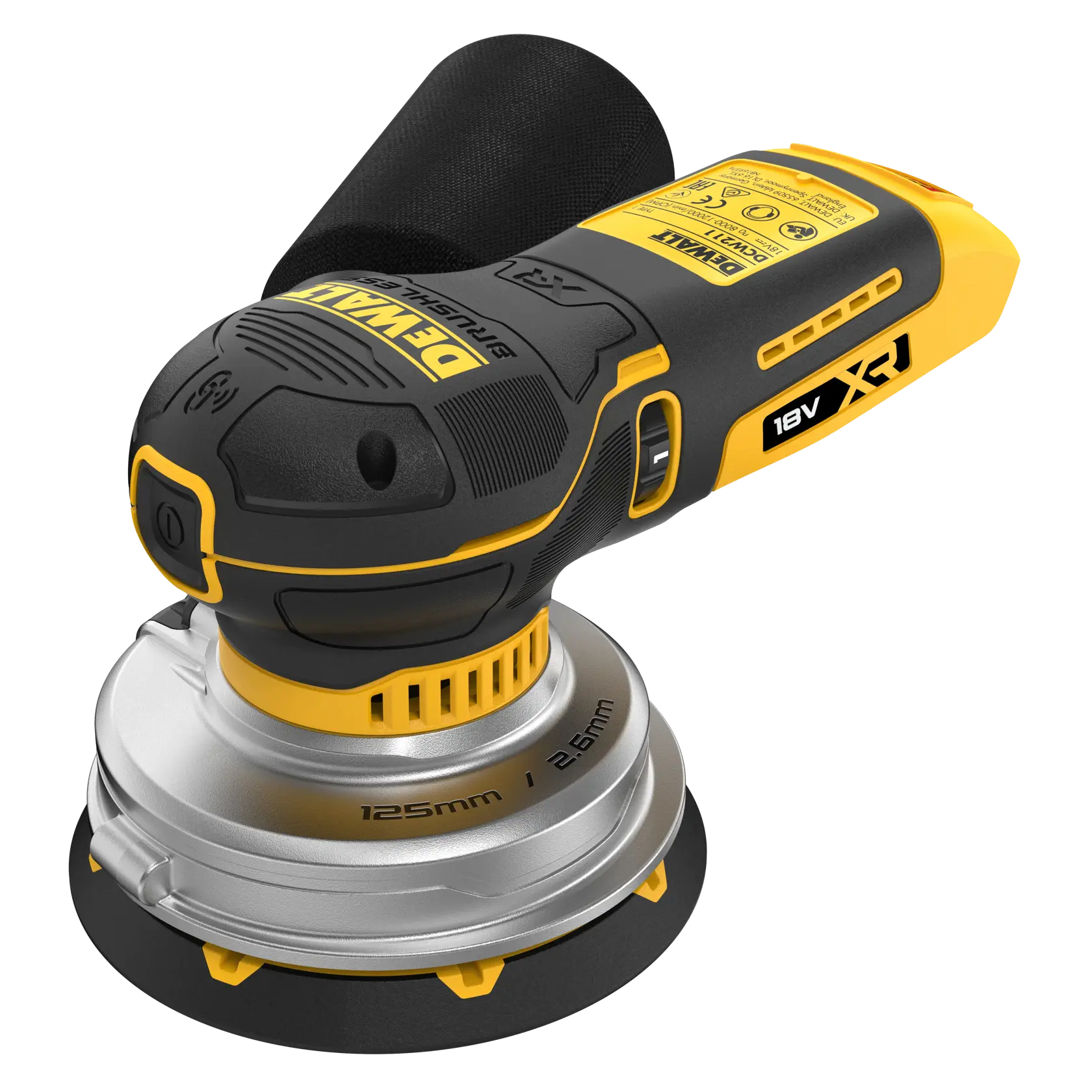 Lijadora orbital inalámbrica DEWALT, negro y amarillo, 18V XR, con bolsa recolectora de polvo.