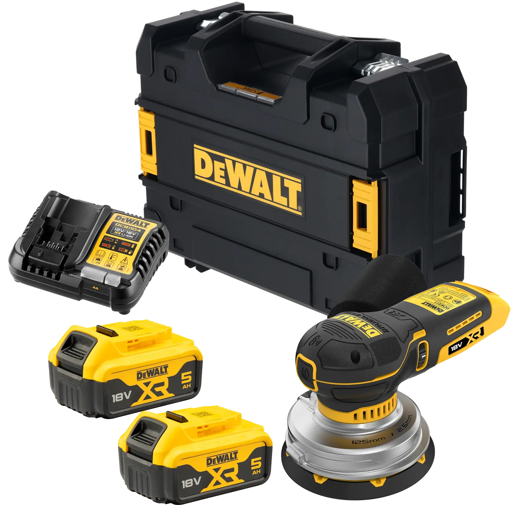 Kit de lijadora inalámbrica DEWALT con dos baterías 18V, cargador y maletín resistente.