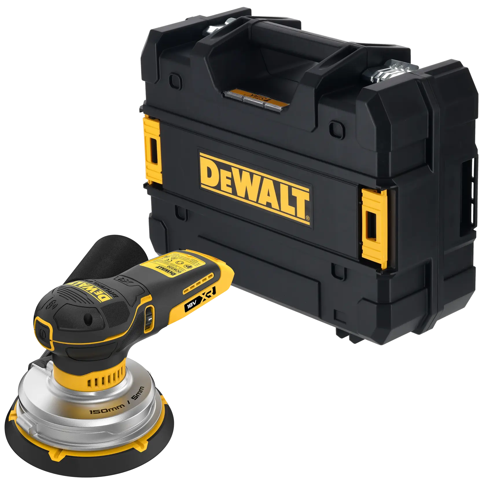 Lijadora inalámbrica DEWALT y maletín negro y amarillo juntos sobre fondo blanco.