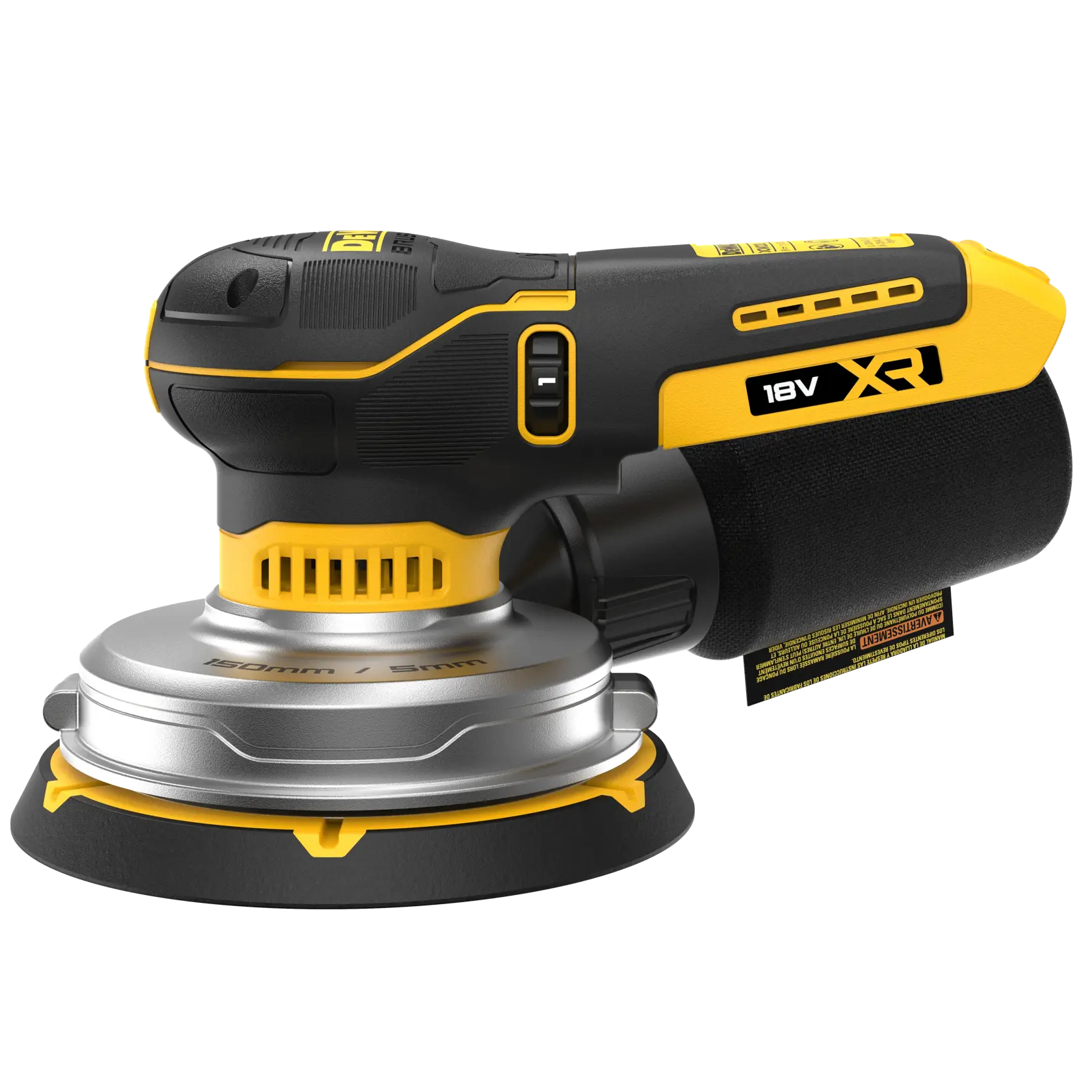 Lijadora orbital DEWALT 18V XR inalámbrica, diseño negro y amarillo, incluye bolsa para polvo.