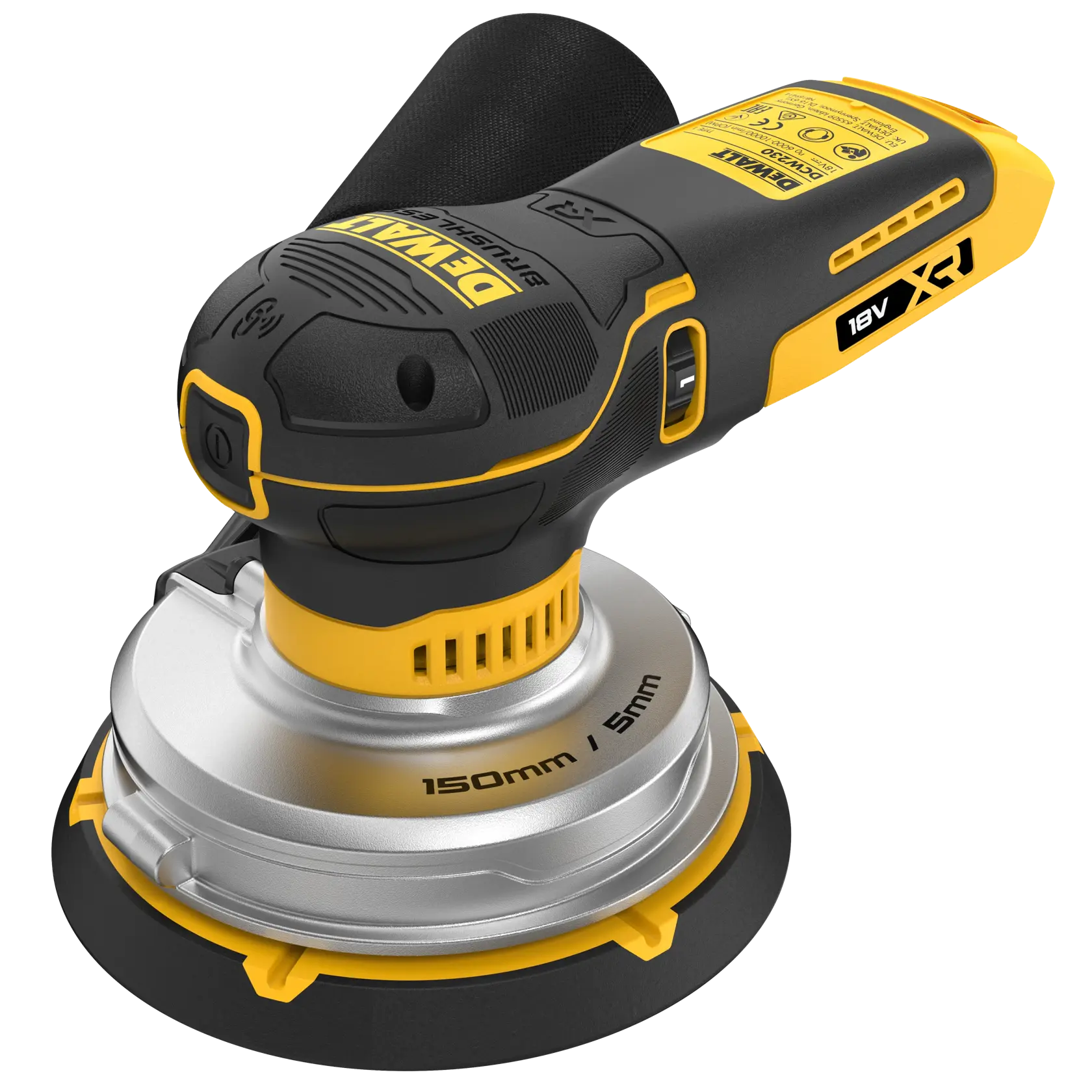 Lijadora orbital DEWALT a batería, 18V XR, base de 150mm, diseño negro y amarillo, vista en ángulo.
