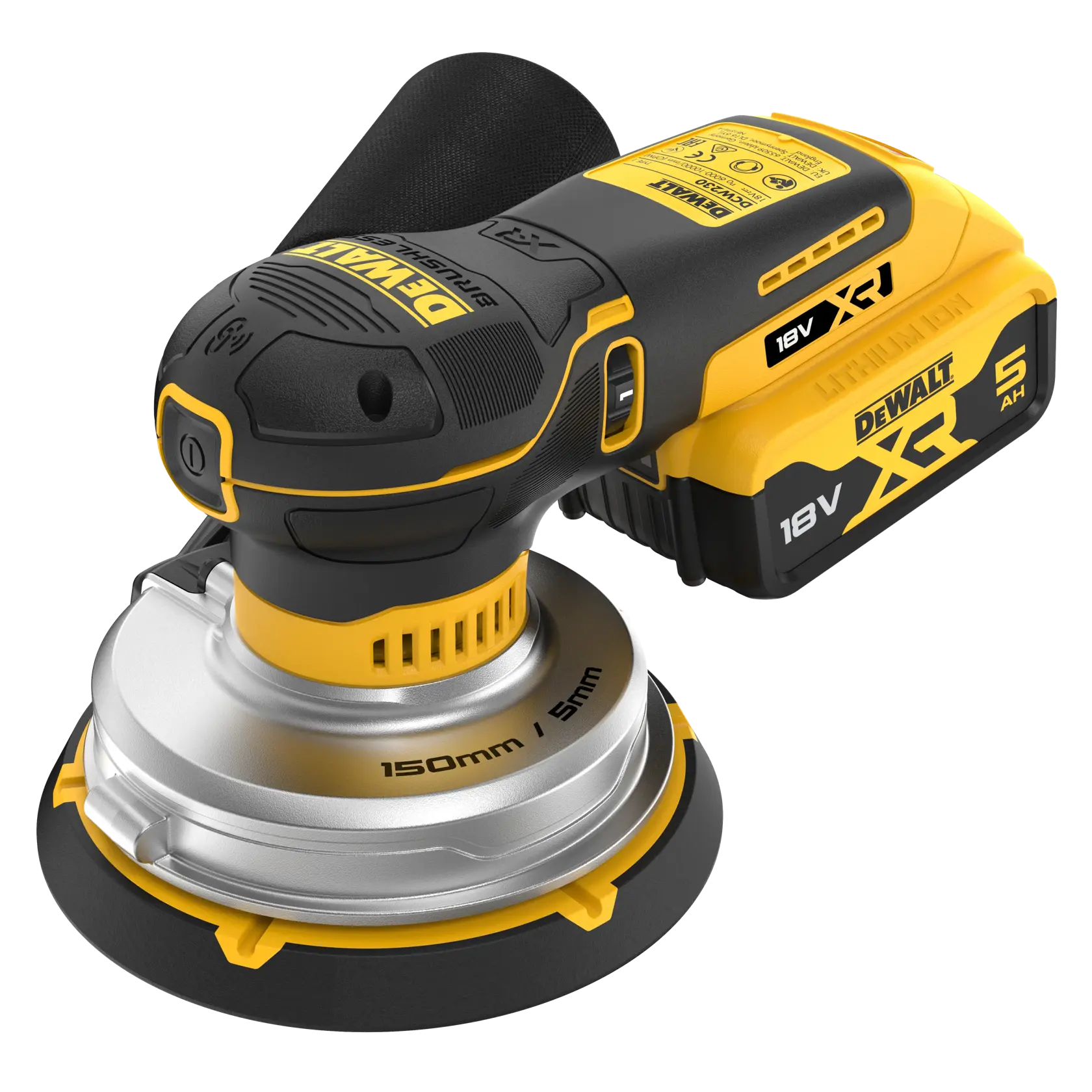 Lijadora inalámbrica DEWALT XR 18V con base de 150mm y bolsa de polvo, vista en amarillo y negro.