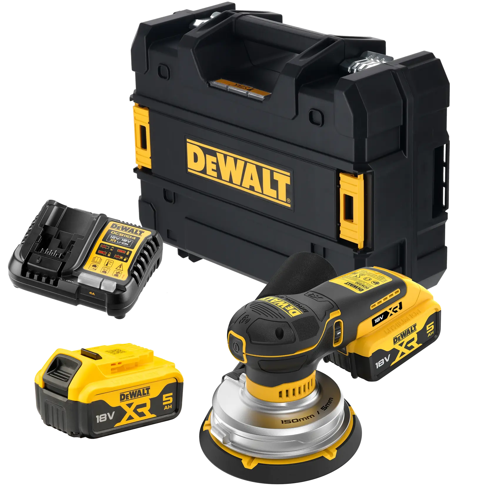 Set de lijadora inalámbrica DEWALT con batería, cargador y maletín negro y amarillo.