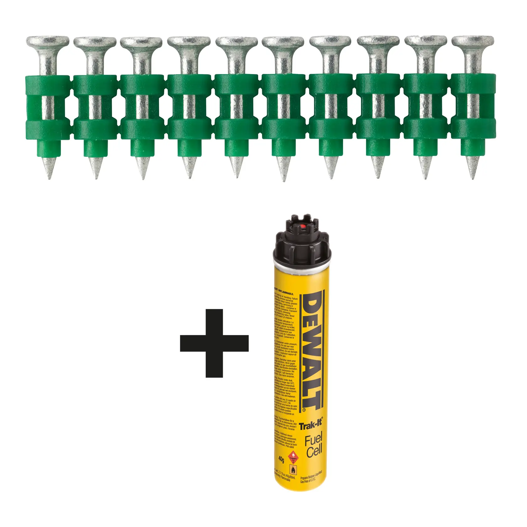 Celda de combustible DEWALT y tira de clavos para herramientas de fijación, verde y amarillo sobre fondo blanco.