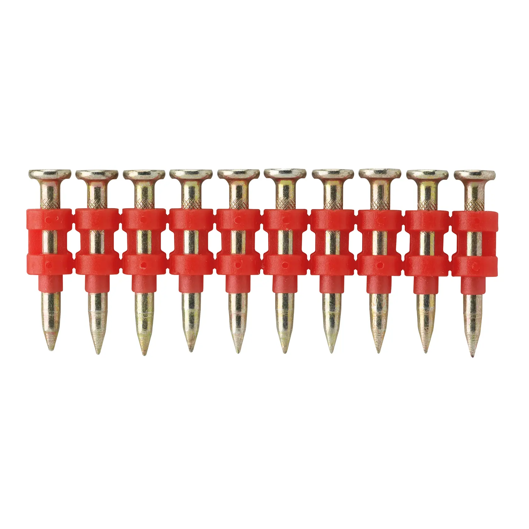 Fila de diez clavos metálicos con tiras rojas, aptos para pistolas de clavos para concreto.