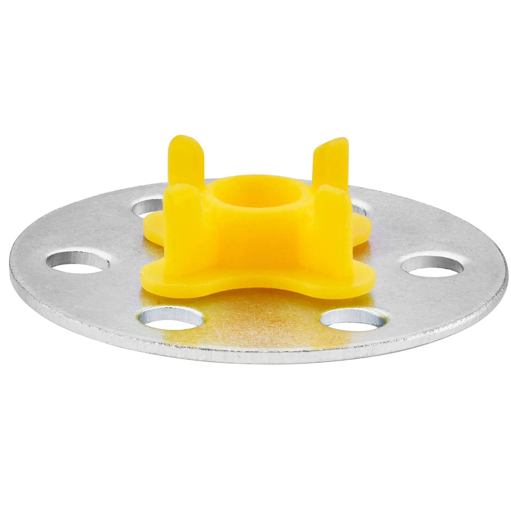 Placa metálica redonda con centro amarillo de plástico y varios orificios, accesorio fotográfico DEWALT.