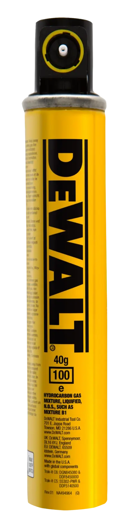 Cartucho de gas amarillo DEWALT con tapa negra, uso profesional, de pie sobre fondo blanco.