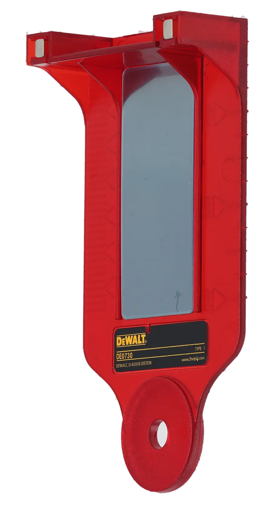 Accesorio fotográfico DEWALT rojo, SKUs DE0730 y DE0730-XJ visibles.