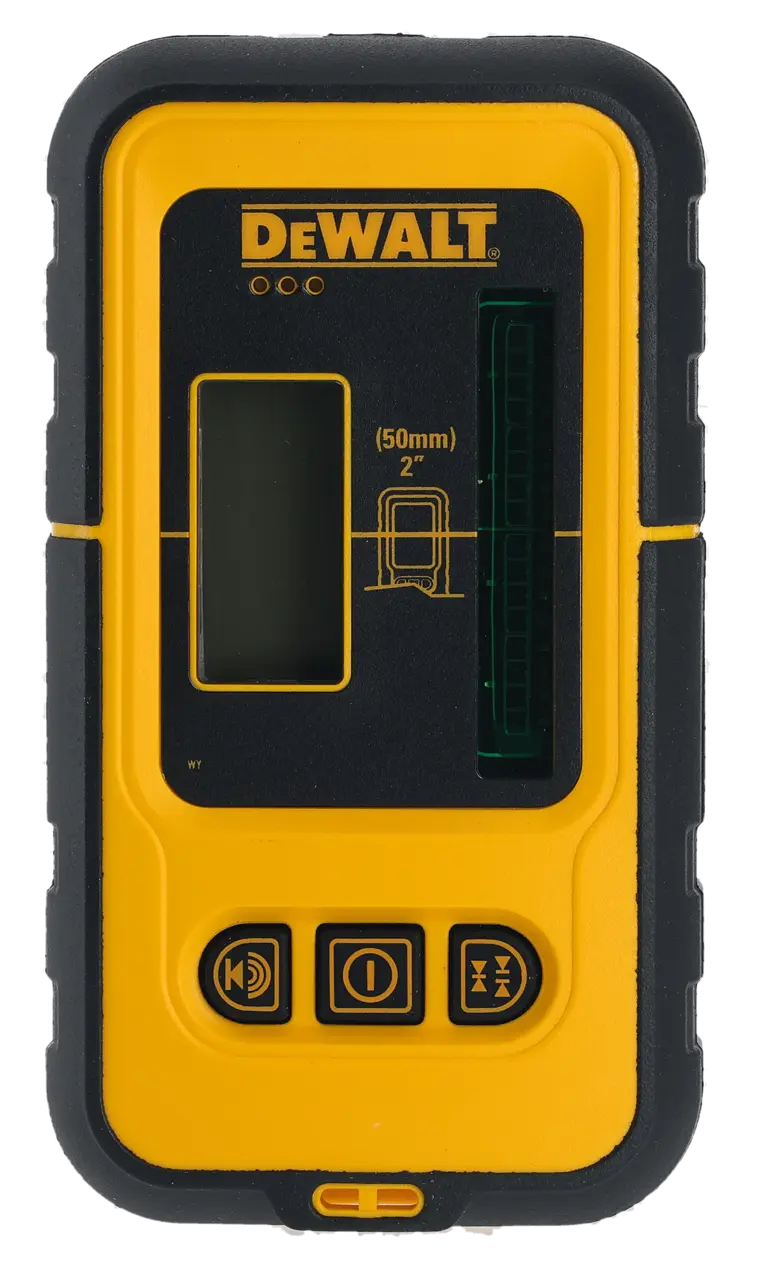 Vista frontal de un detector de láser DEWALT, modelo DE0892G, utilizado en fotografía y construcción para detectar líneas láser verdes. El dispositivo es principalmente amarillo con detalles en negro y tiene una pantalla digital, luces indicadoras y botones de control.