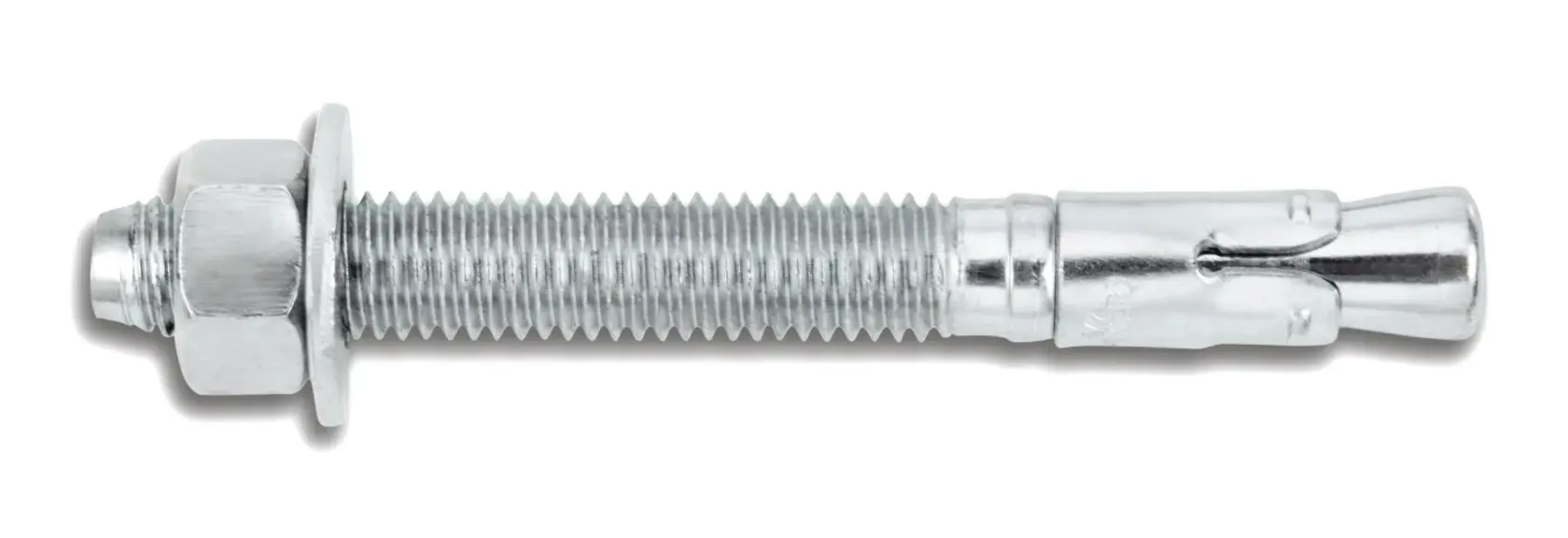 Tornillo de anclaje metálico con tuerca y arandela para fijación, fotografiado sobre fondo blanco.