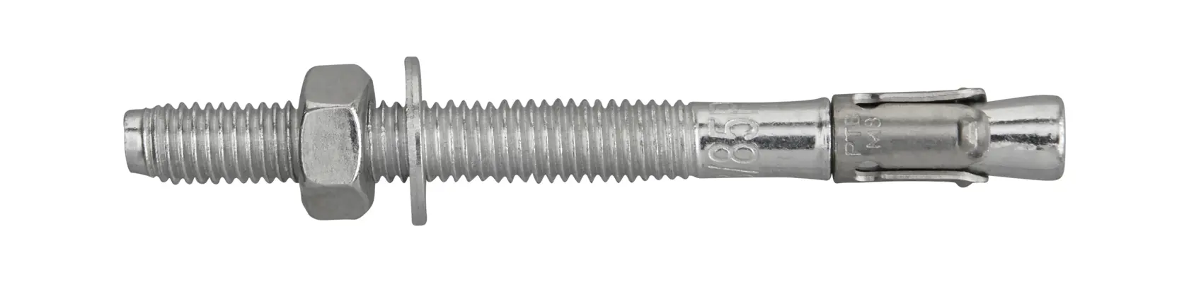 Tornillo de anclaje metálico con tuerca y arandela sobre fondo blanco.