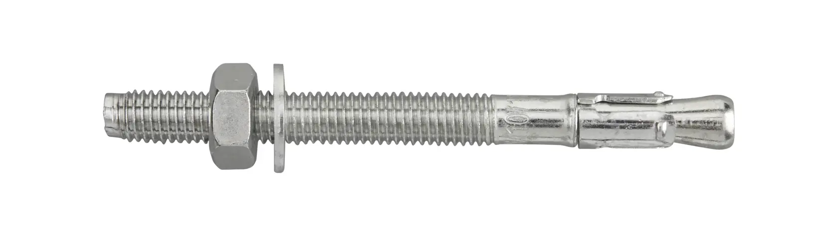 Tornillo de anclaje metálico con tuerca y arandela para fijación segura, sobre fondo blanco.