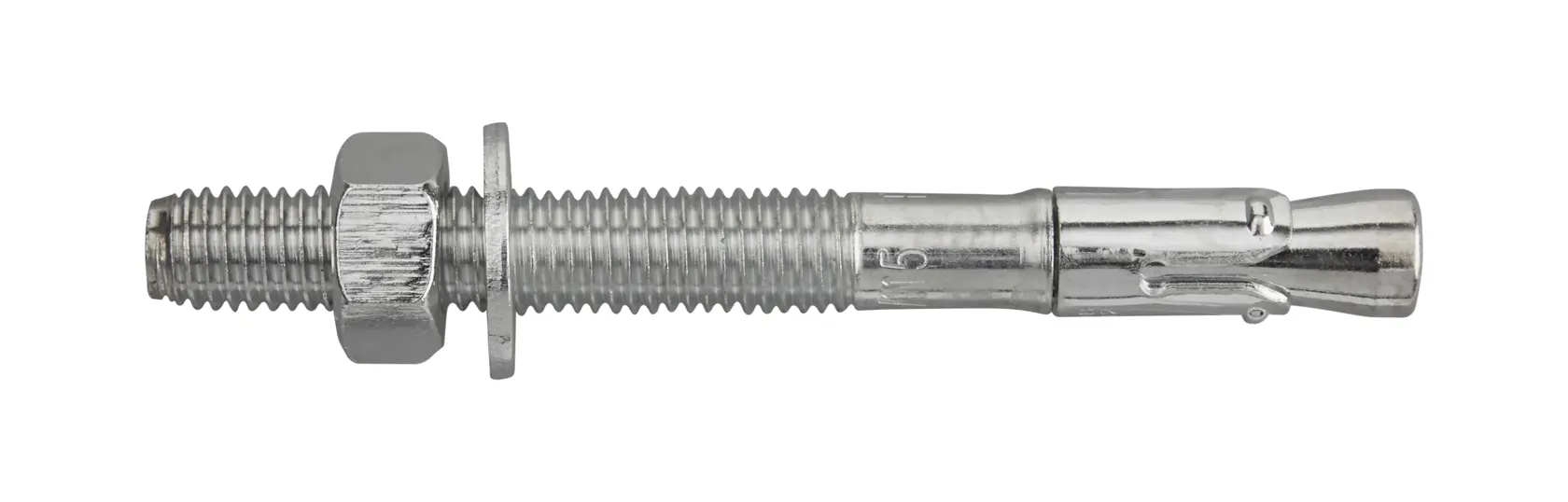 Tornillo de anclaje de acero con tuerca y arandela, usado para fijar materiales en concreto o mampostería.