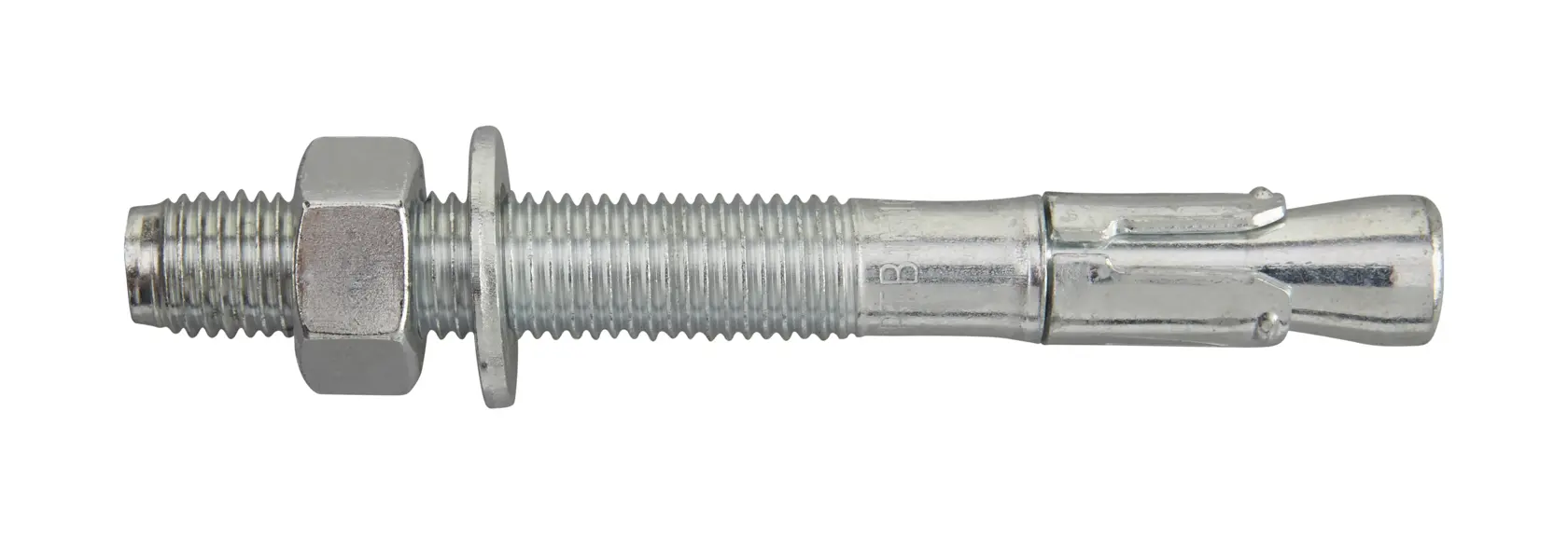 Tornillo de anclaje metálico con tuerca y arandela para fijar materiales a superficies de concreto.