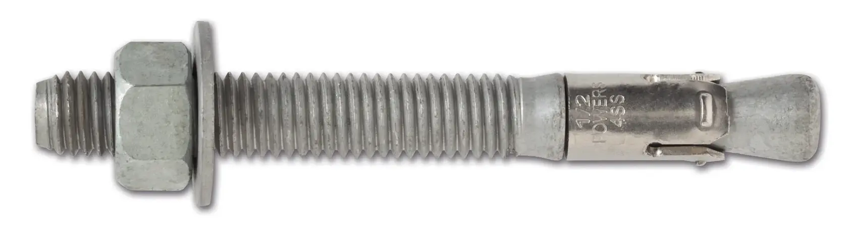 Un solo tornillo de anclaje de expansión de metal con tuerca hexagonal y arandela, utilizado para asegurar objetos a superficies de concreto o mampostería.