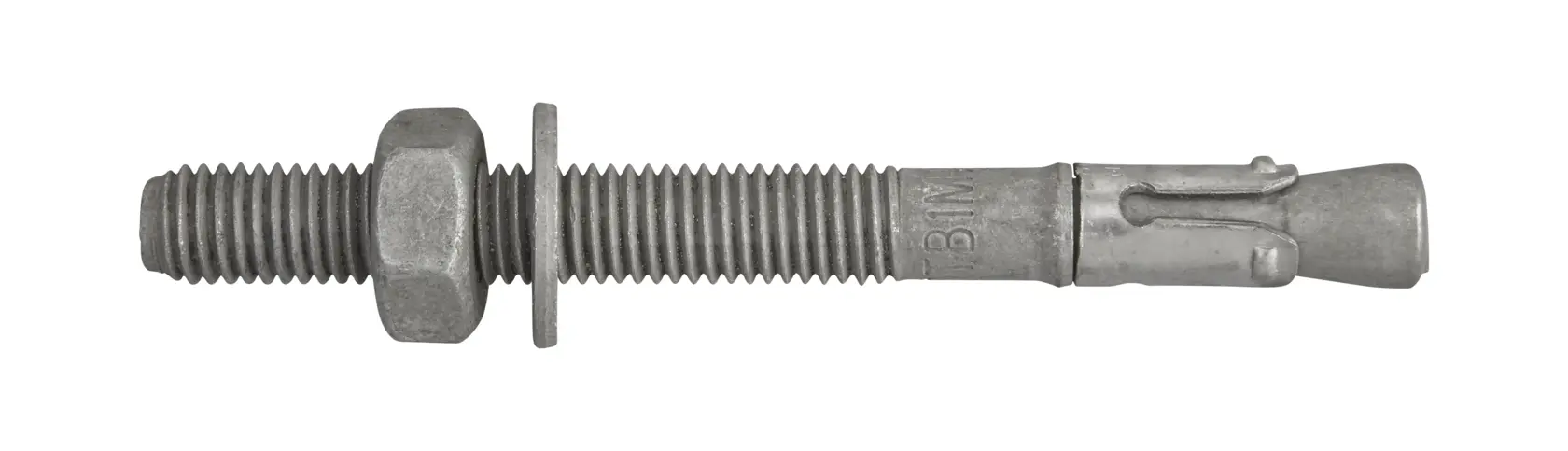 Tornillo de anclaje metálico con tuerca y arandela, presentado sobre fondo blanco.