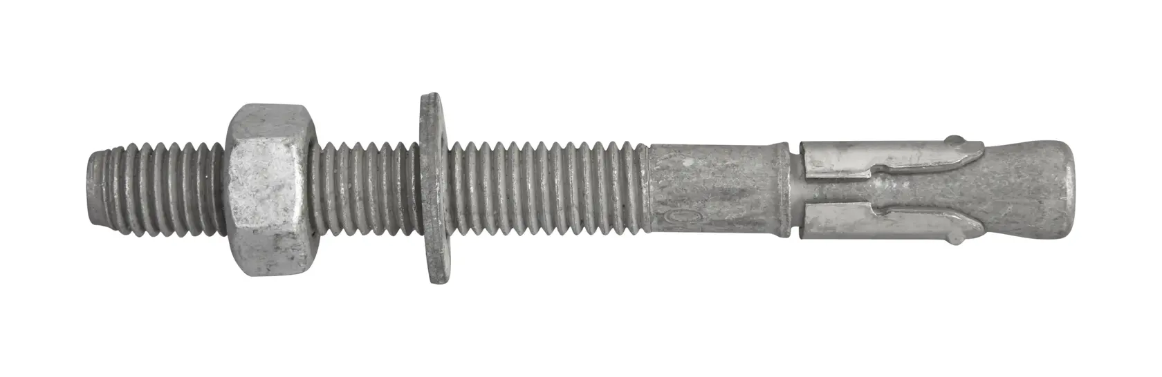 Anclaje de cuña metálica con tuerca y arandela, utilizado para concreto o mampostería.