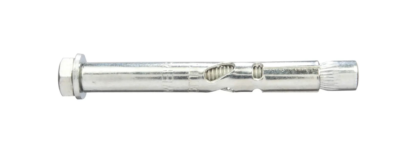 Tornillo de anclaje metálico DEWALT para montaje en pared, mostrado sobre fondo blanco.