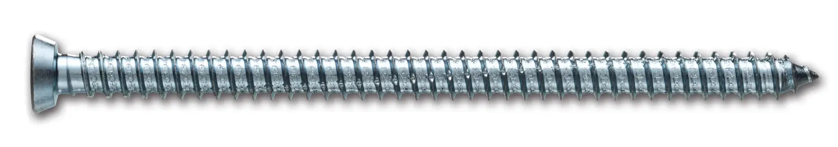 Tornillo metálico individual con cabeza plana y cuerpo roscado sobre fondo blanco.