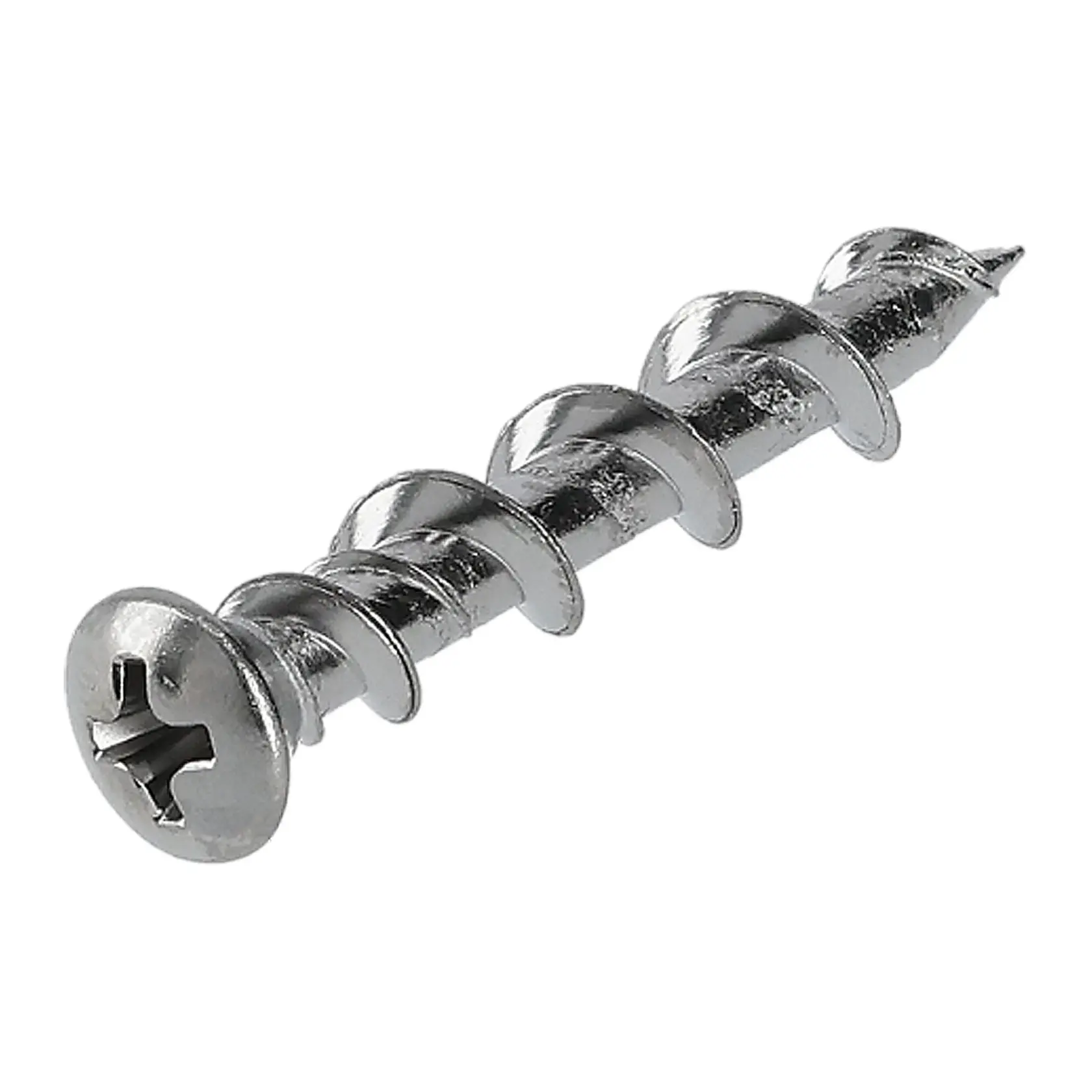 Primer plano de tornillo metálico plateado con cabeza Phillips y rosca profunda sobre fondo blanco.