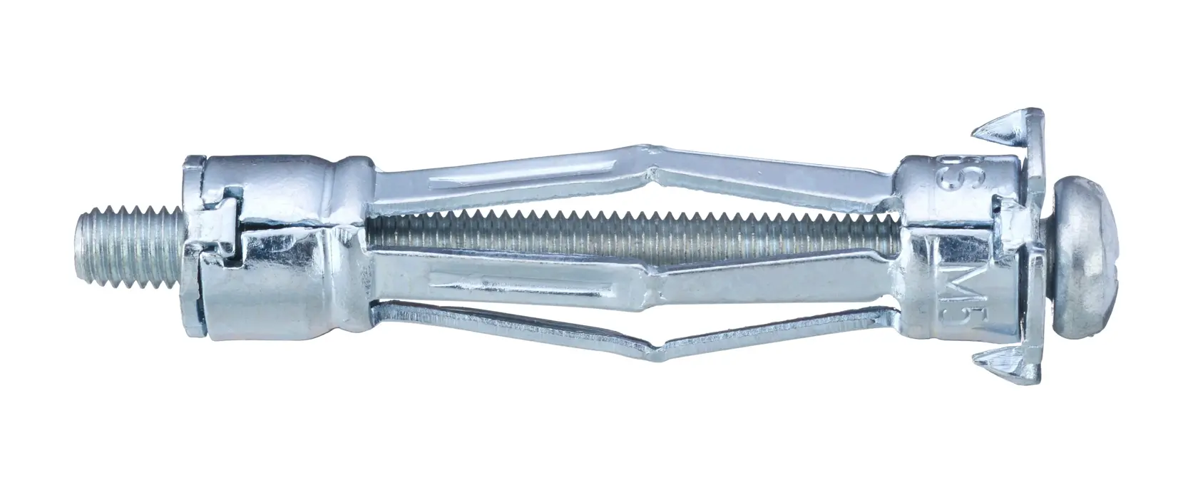 Taco metálico plateado DEWALT DFM4410510 para montaje, aislado sobre fondo blanco.