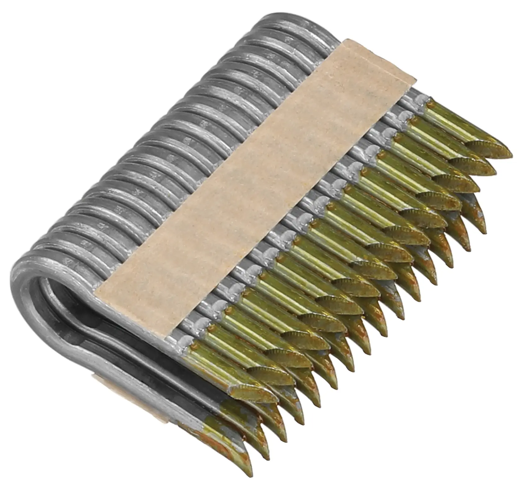 Imagen en primer plano de un paquete de clavos agrupados DEWALT, organizados en una tira con acabado metálico y puntas afiladas, unidos por una tira de papel.