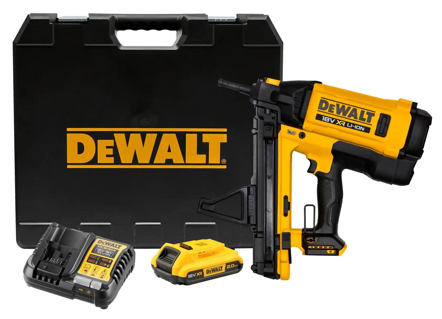 Un trabajador con guantes y equipo de seguridad utiliza una clavadora inalámbrica amarilla DEWALT 20V XR para fijar materiales a una estructura de techo de metal.