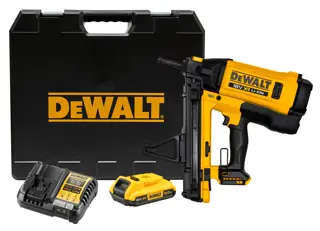 Kit de clavadora inalámbrica DEWALT que incluye una clavadora de 18V Li-Ion, una batería, un cargador y un estuche de transporte negro con la marca DEWALT.