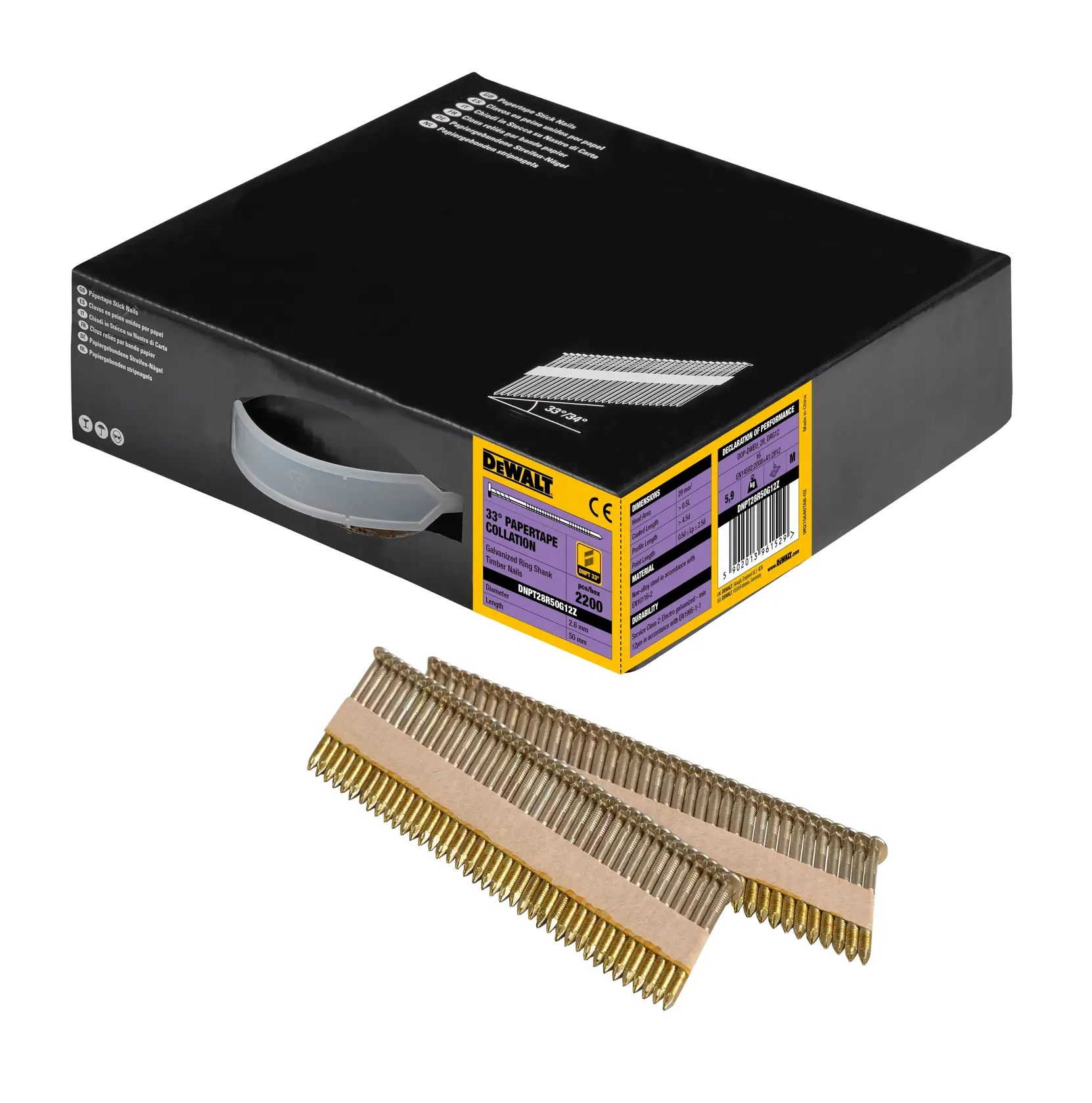 Caja DEWALT con clavos y tiras de clavos pegados con papel delante.