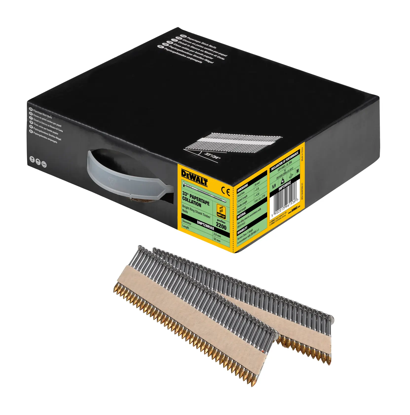 Caja DEWALT con clavos en tiras de papel DNPT28R50Z. Dos tiras de clavos delante.
