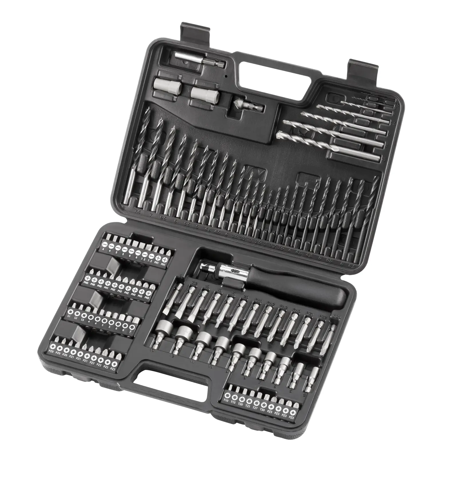 Juego de 109 Piezas para Atornillar y Taladrar; 13 X Brocas para Madera 3-8mm, 13 X Brocas para metal  1.5-6.5mm, 5 X  Brocas para Mampostería 3-10mm, Atornillador, 13 Puntas PH, 14x Puntas PZ, 12x Puntas planas, 6x Torx,  adaptador magnético