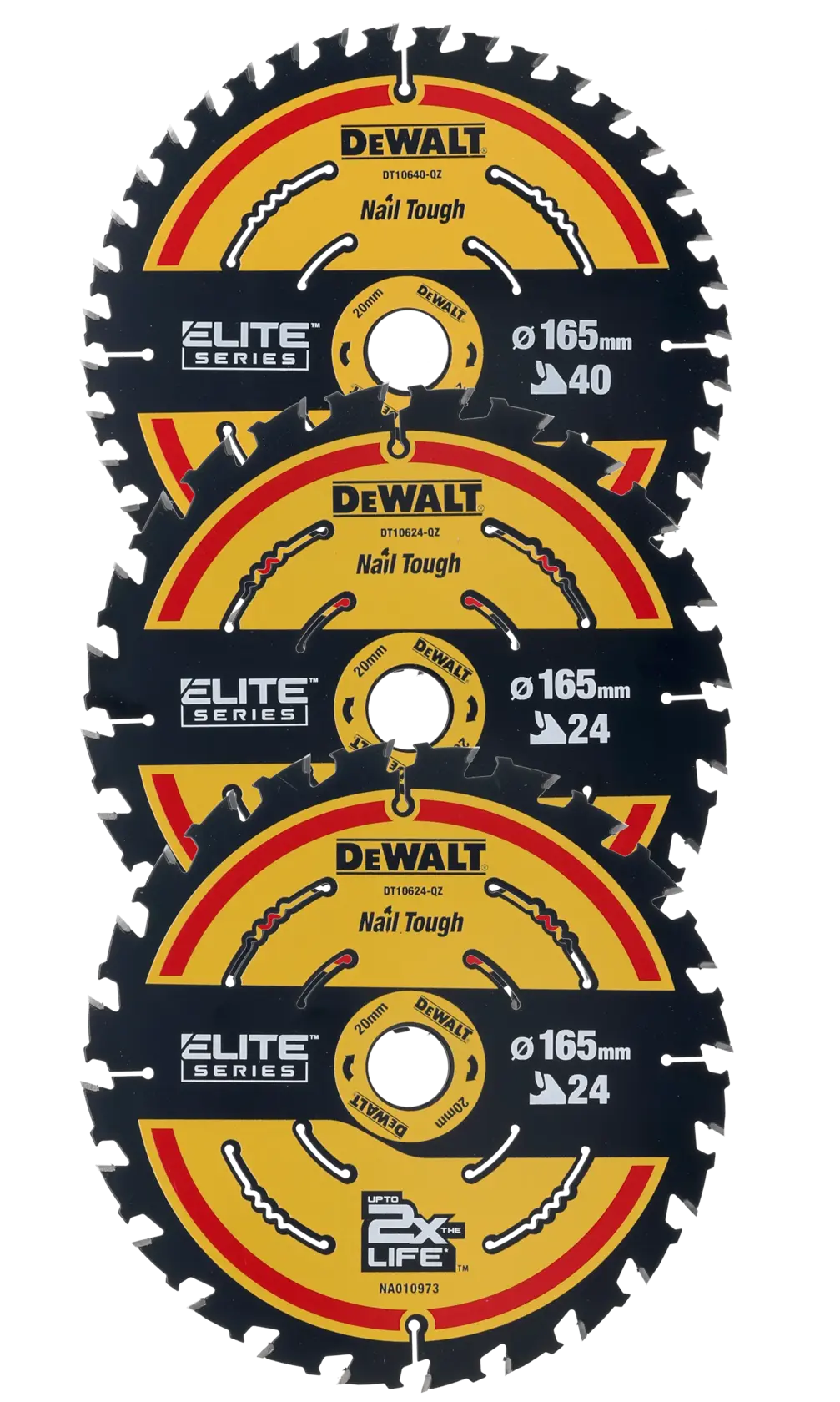 Discos de sierra circular DEWALT fotografía, EMEAANZ, DT10397, DT10397-QZ, tres discos apilados.