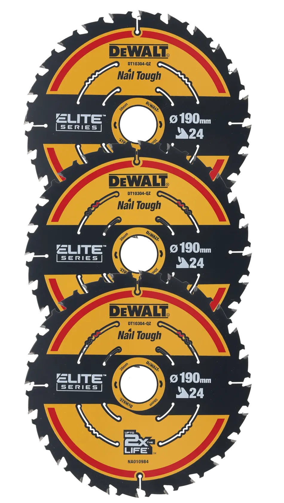 Tres discos de sierra circular DEWALT Elite Series de 190mm, negro y amarillo, Nail Tough, con 24 dientes cada uno.