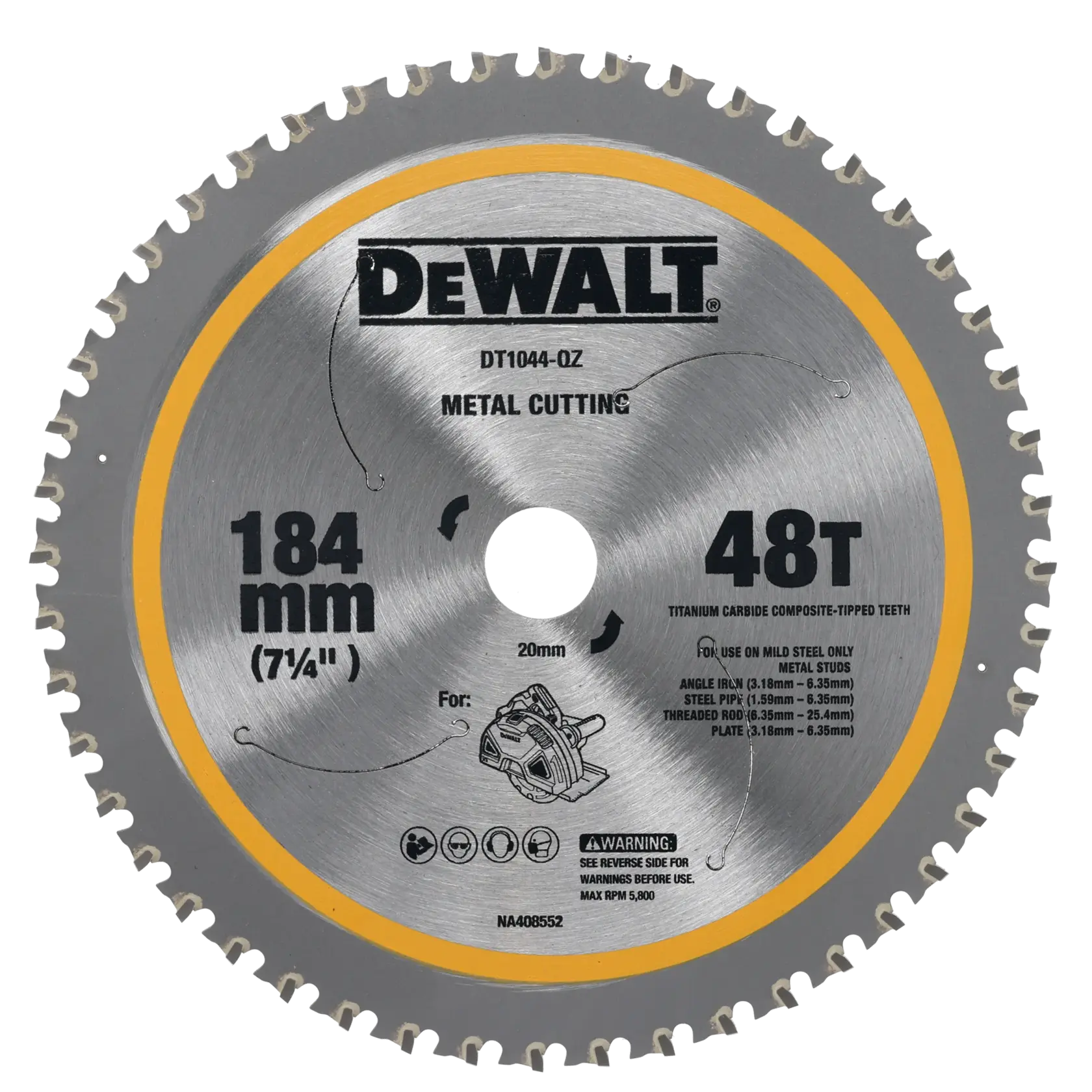 Hoja DEWALT corte metal 184mm, 48T. SKUs: DT1044, DT1044-QZ. Categoría fotografía.