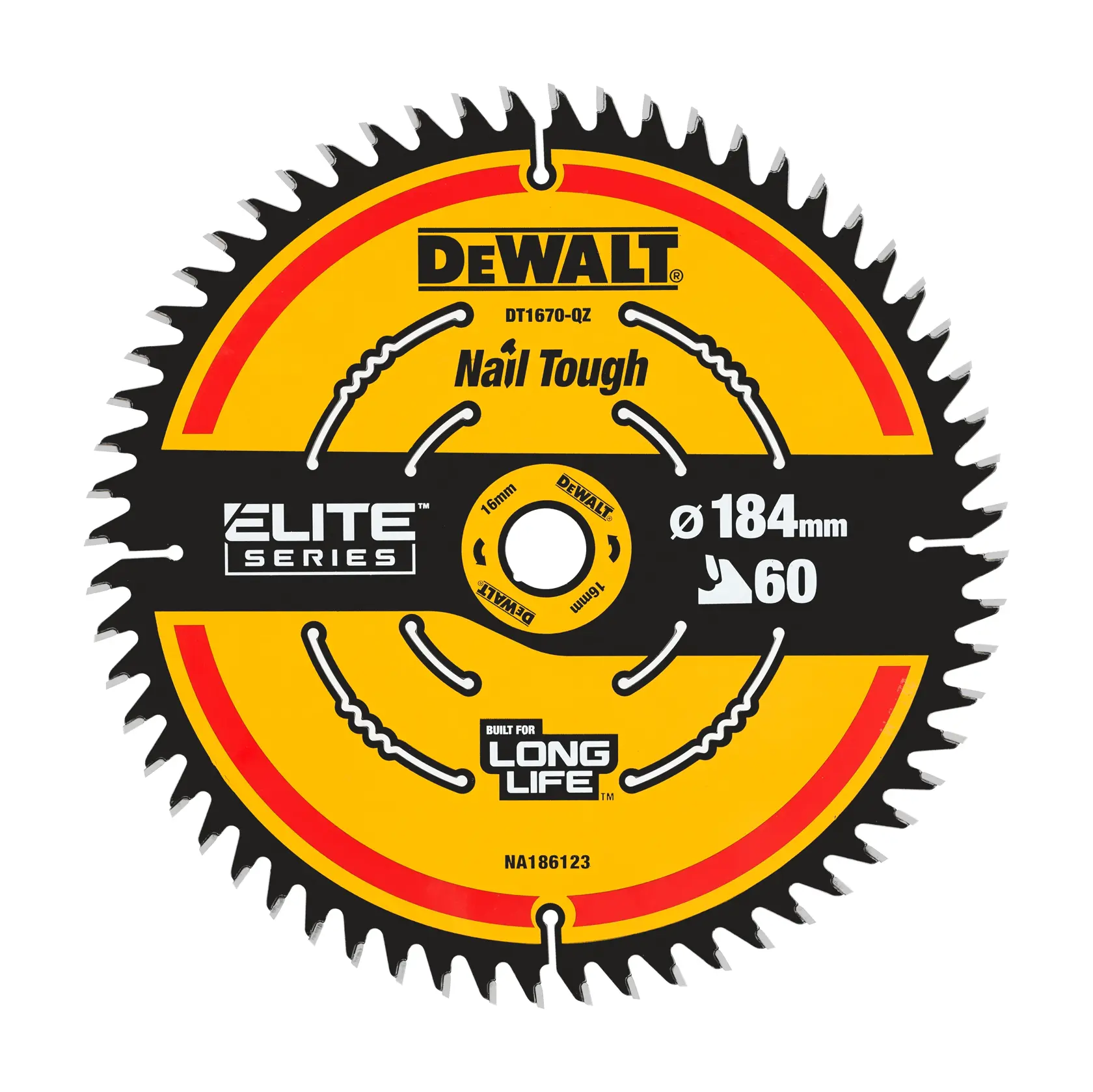 Disco de sierra circular DEWALT DT1670 Elite Series 184mm con 60 dientes para cortes difíciles y duradero.