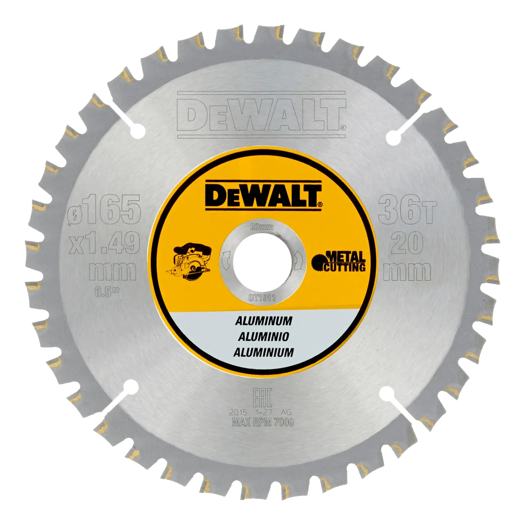 Hoja DEWALT DT1911, DT1911-QZ para aluminio, diámetro 165mm, 36 dientes.