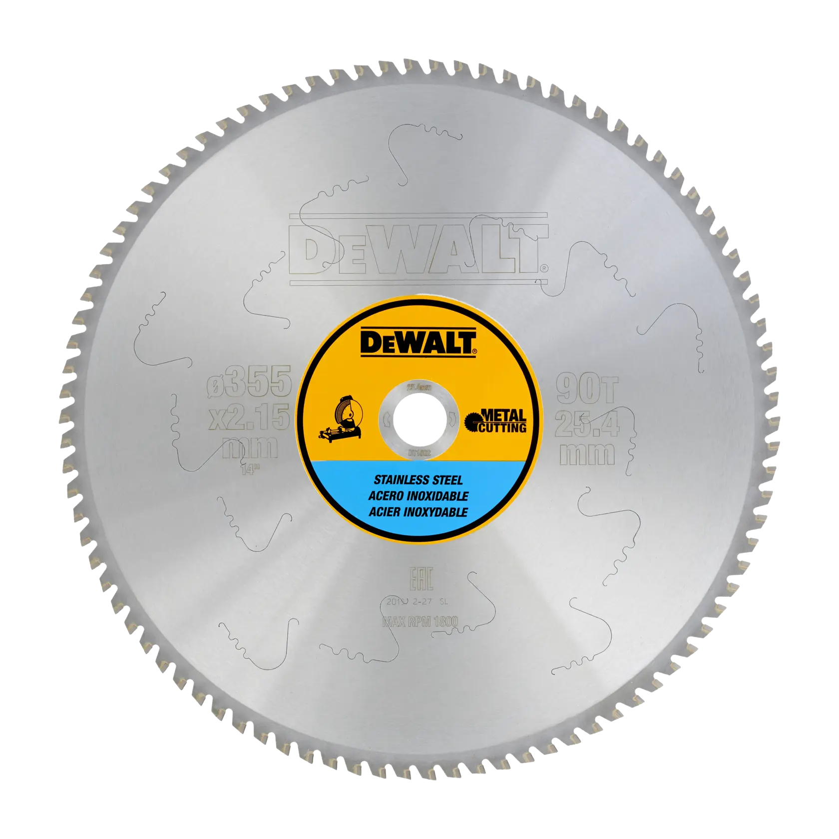 Disco de sierra circular DEWALT para metal, acero inoxidable, 355mm, 90 dientes.