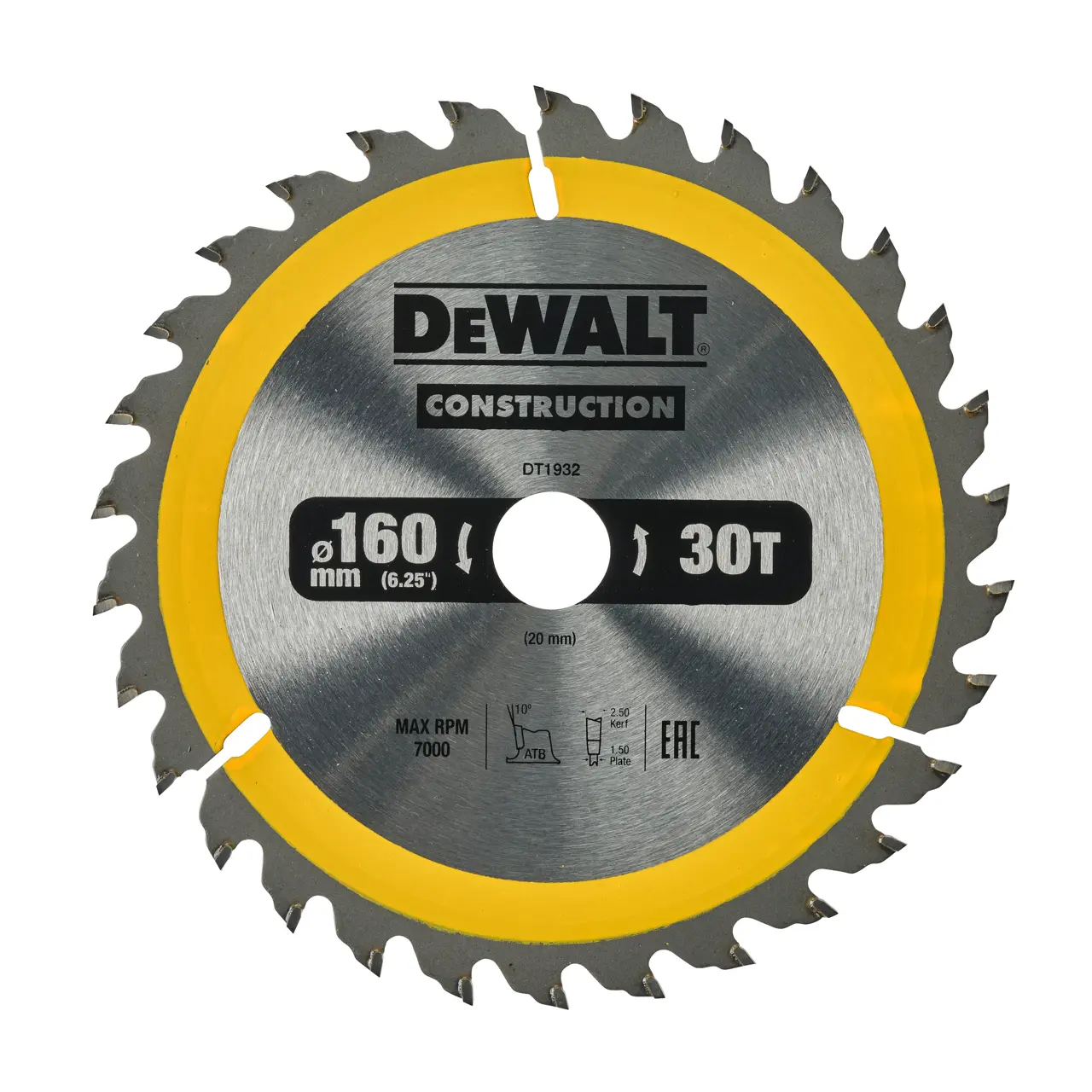 DeWalt Hoja Para Sierra Circular Portátil Para Construcción 160X20Mm 30D Atb , 10º · DT1932-QZ