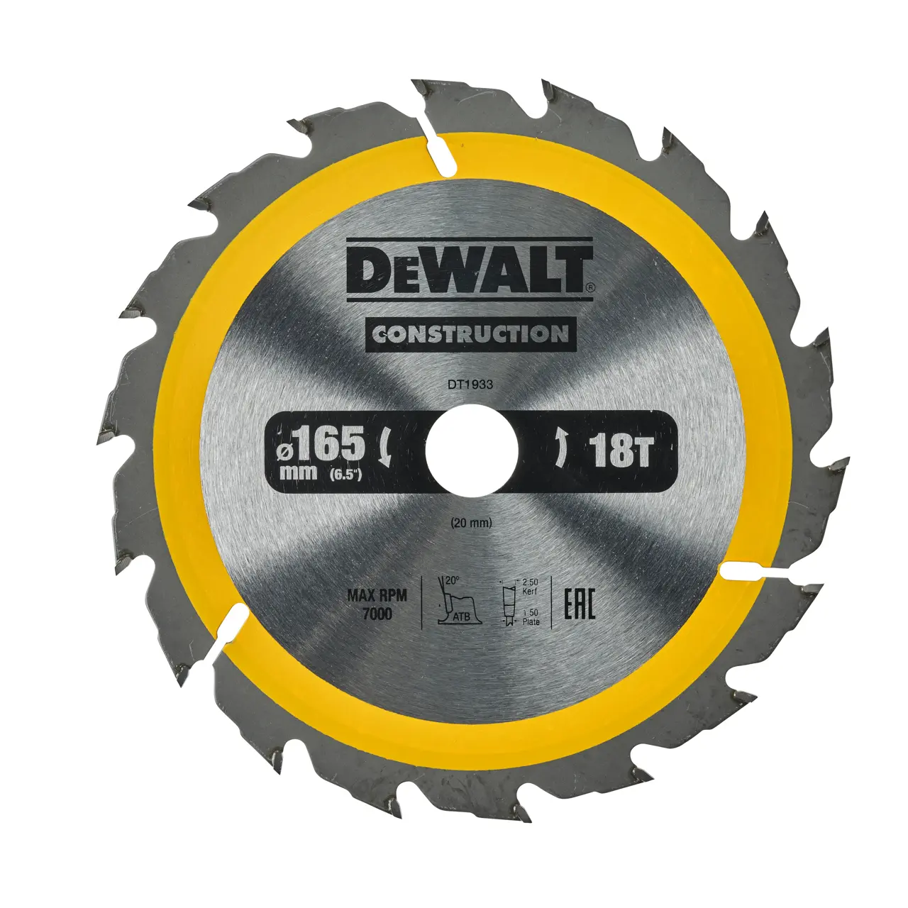 DeWalt Hoja Para Sierra Circular Portátil Para Construcción 165X20Mm 18D Atb , 20º · DT1933-QZ